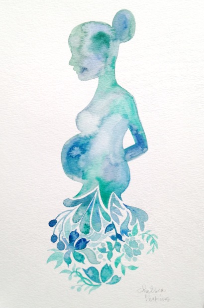 A watercolour painting of a pregnant woman, embodying the beauty and grace of maternity.