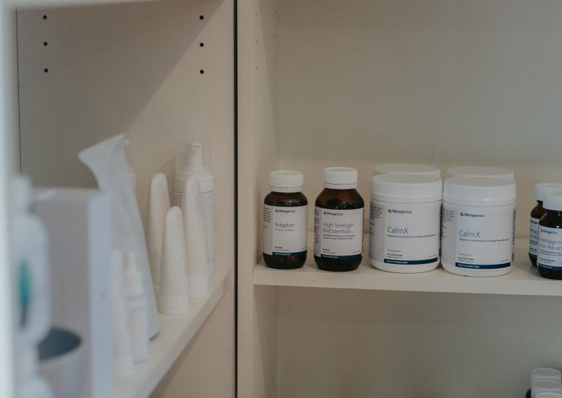 Shelves with Chinese medicine bottles on them. Mornington Chinese Medicine